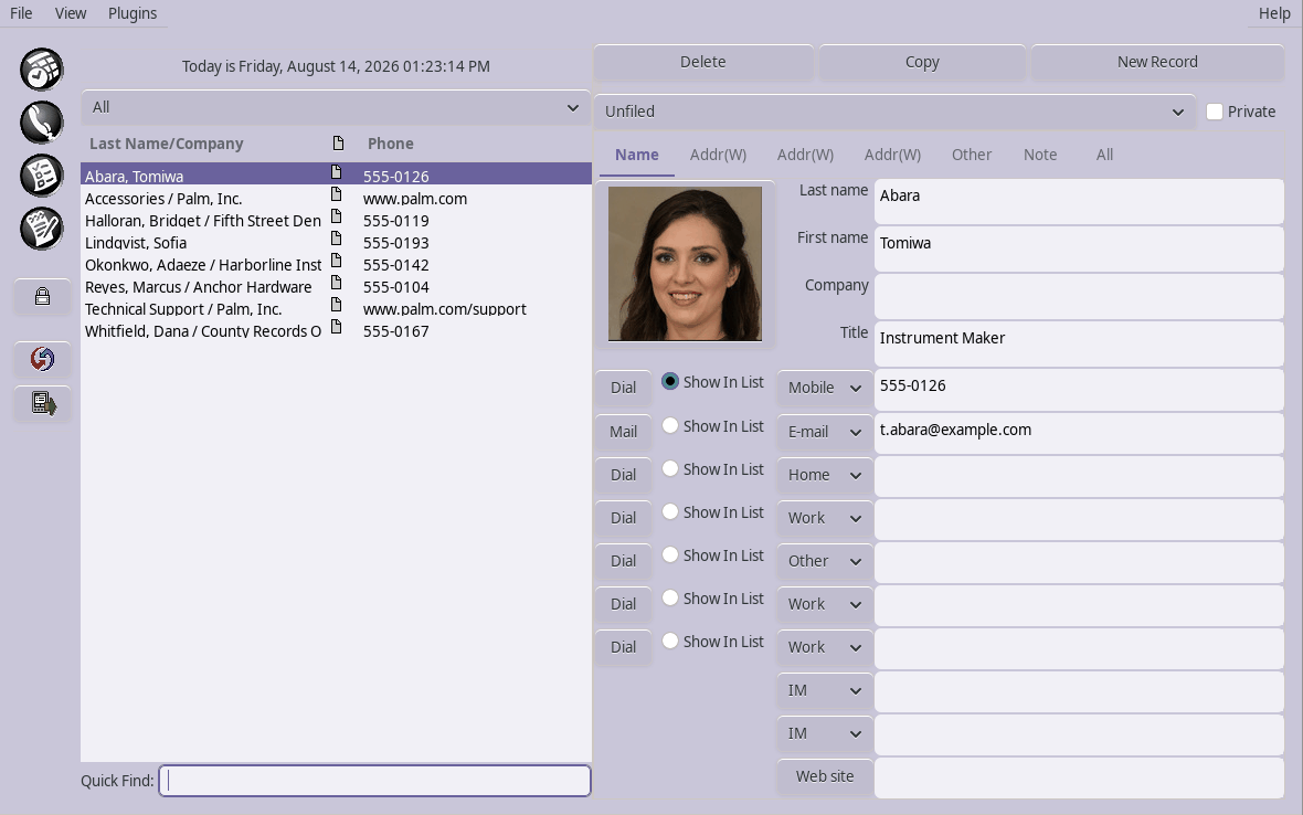 J-Pilot's Address window: a list of contacts beside one contact's details.
