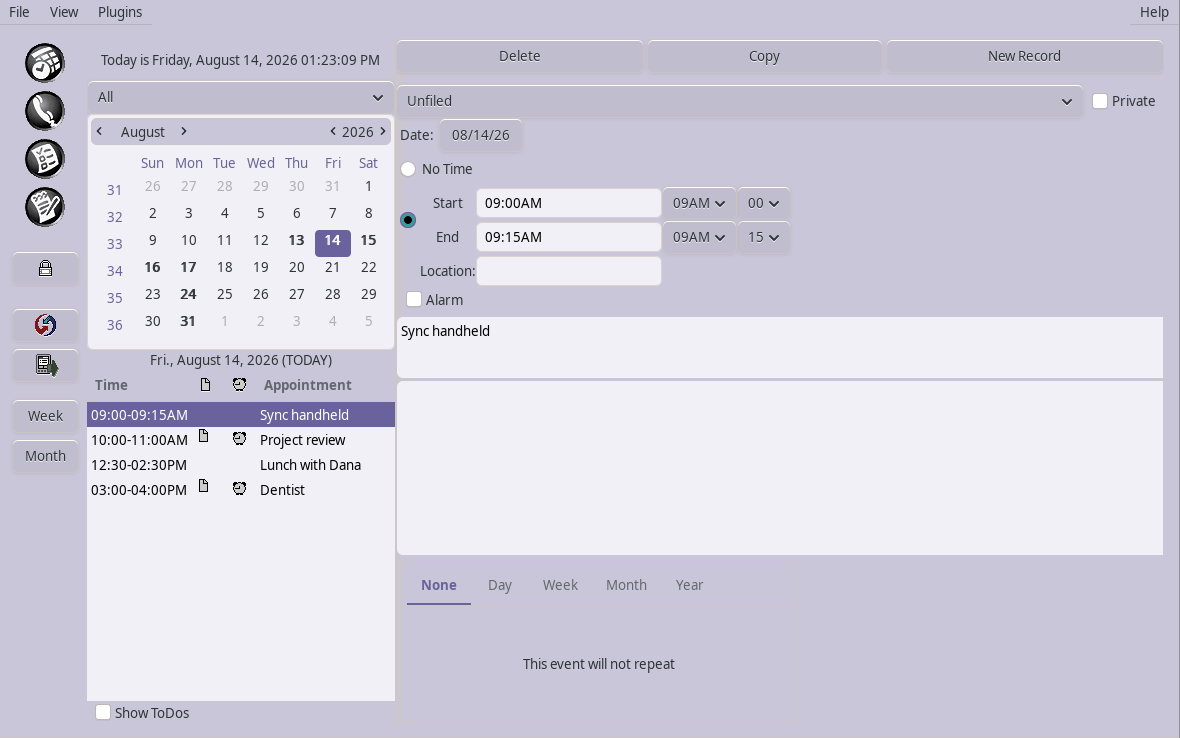 J-Pilot's Datebook window: a day's appointments listed beside a monthly calendar.