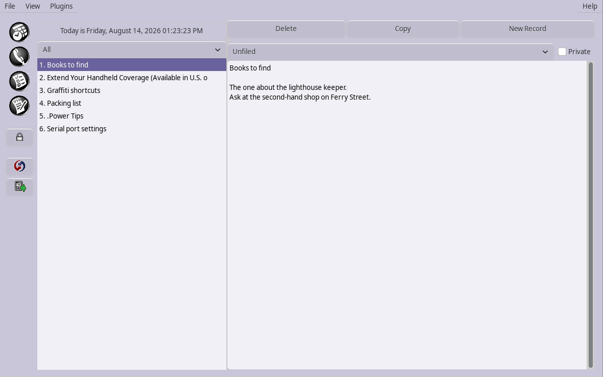 J-Pilot's Memo window: a list of memos beside the text of the selected one.