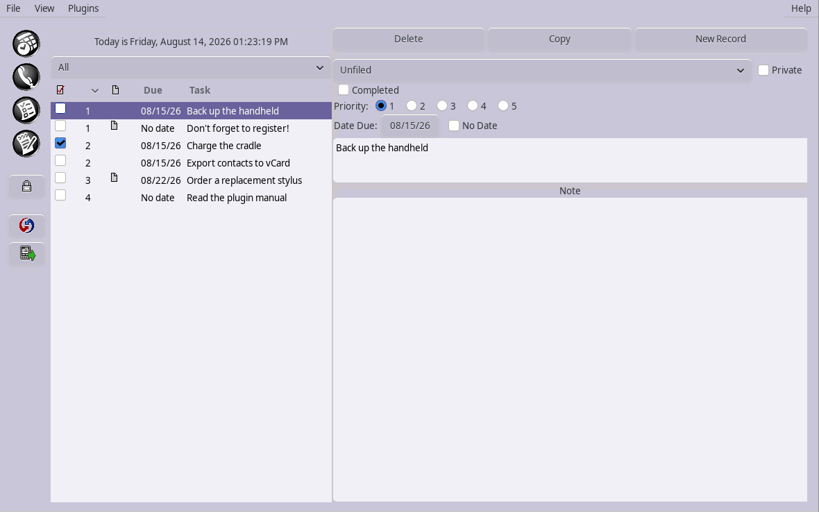 J-Pilot's To Do window: tasks with priorities, due dates and checkboxes.